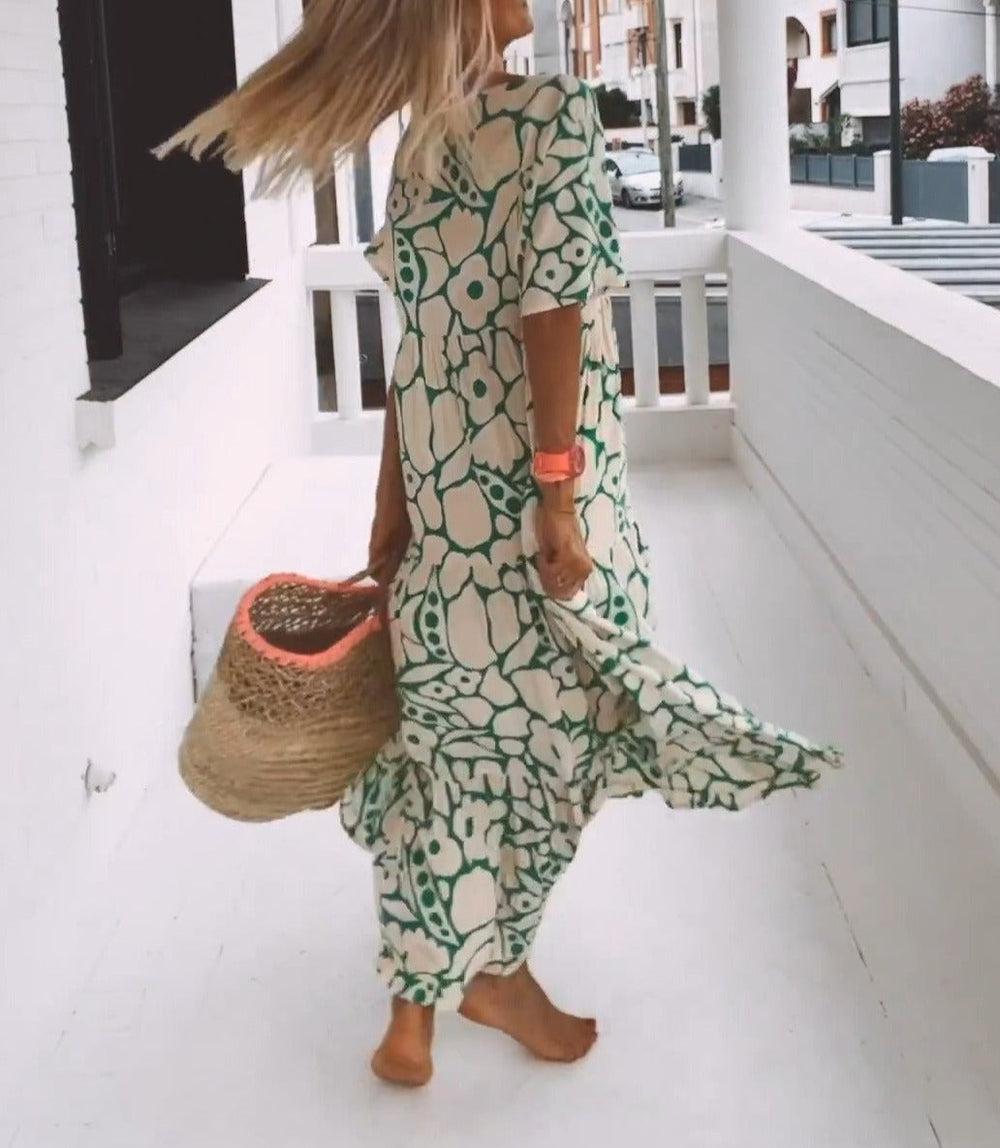 Grünes Maxikleid mit kurzen Ärmeln und Muster – Elisa
