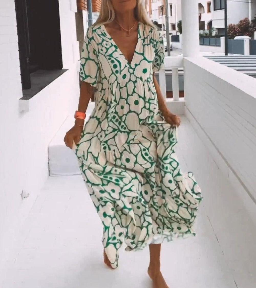 Grünes Maxikleid mit kurzen Ärmeln und Muster – Elisa