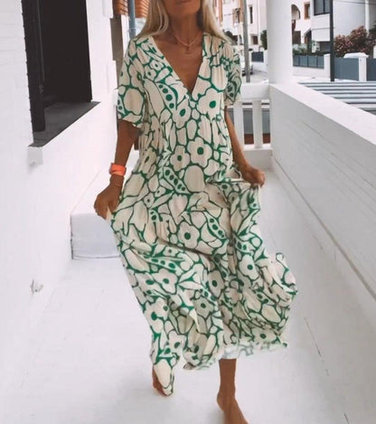 Grünes Maxikleid mit kurzen Ärmeln und Muster – Elisa