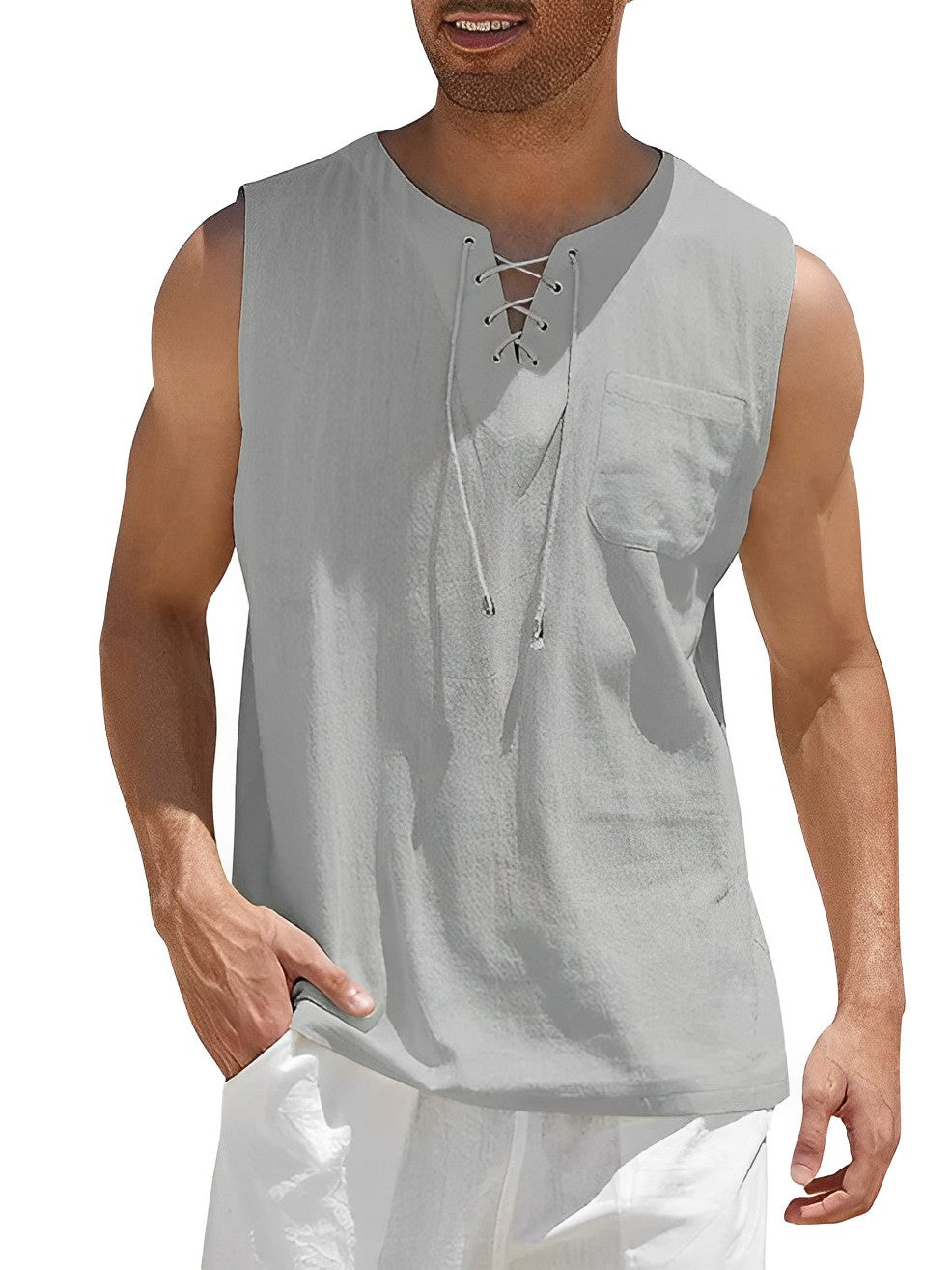 Graues ärmelloses Herrenhemd mit Schnürung, Baumwolle, lässig, Sommermode.