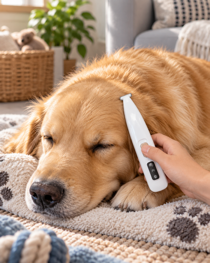 Der weiße Trimmer wird an den Kopf eines entspannt liegenden Golden Retrievers gehalten 10