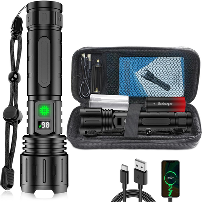 Lampe mit Handschlaufe neben geöffnetem Etui mit Akku, Batteriehalter und Ladekabel, dazu USB-C-Kabel und ein Smartphone beim Laden. 4