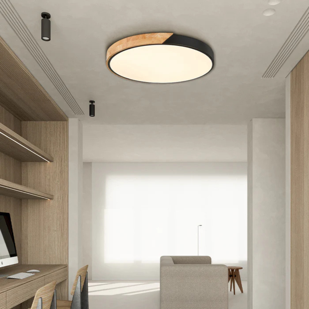 Schwarze Deckenleuchte mit Holzsegment in einem Arbeitsbereich mit Holzregalen, Schreibtisch und Sofa 7