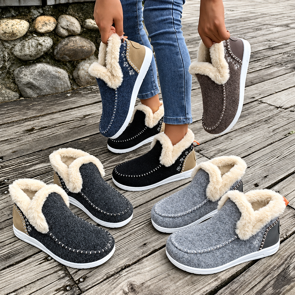 Fünf Farbvarianten der Plüsch-Sneaker in Blau, Braun, Schwarz, Dunkelgrau und Hellgrau auf Holzdielen, teils in der Hand gehalten. 6