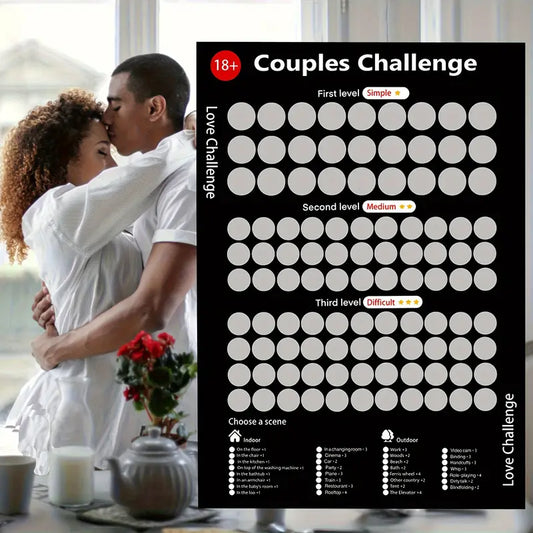 Paar-Challenge-Poster, 18+, schwarz, drei Schwierigkeitsstufen, romantische Aufgaben, Spielideen.