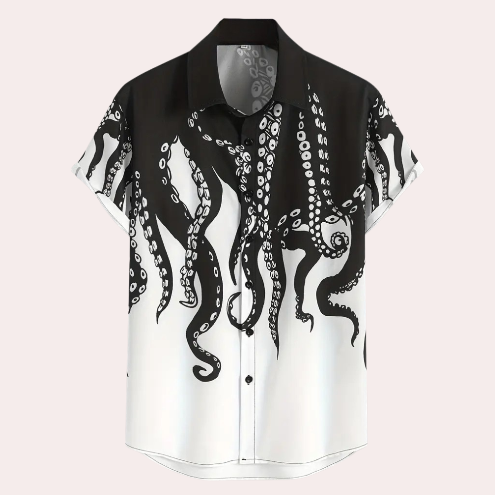 Schwarz-weißes Hemd mit Oktopus-Design, kurzärmelig, Baumwolle, modisch, Herrenmode.