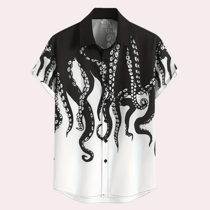 Schwarz-weißes Hemd mit Oktopus-Design, kurzärmelig, Baumwolle, modisch, Herrenmode.