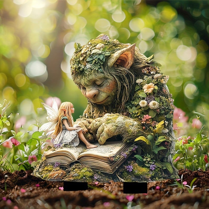 Bemooster Troll mit Fee auf dem Buch, in einem Beet mit Erde und rosa Blüten vor Waldkulisse. 10
