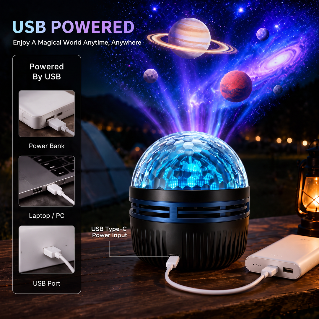 Kuppelprojektor mit schwarzem Sockel auf Holztisch am Zeltplatz, per USB-C an eine Powerbank angeschlossen, daneben Laptop und USB-Port als Stromquellen. 4