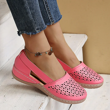 Damen Mokassins rosa Leder, Lochmuster, bequem, modisch, Freizeit, Sommer, Schuhe.