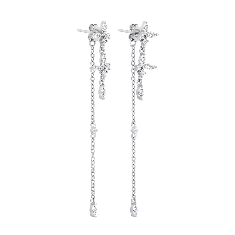 Silberne Ohrringe mit langen Ketten und funkelnden Kristallen, eleganter Schmuck für Damen.