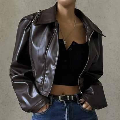 Braune Damen-Sommerjacke aus PU-Leder mit Reverskragen – Rivka