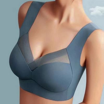 Nahtloser BH in Graublau mit breiten Trägern und V-Ausschnitt mit Mesh-Einsatz, an einem Model getragen, Frontansicht. 14