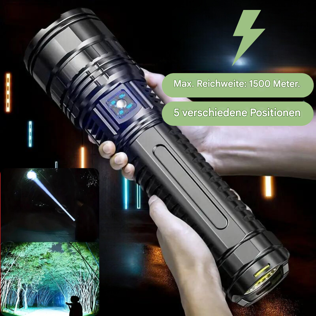 Schwarze LED-Taschenlampe, 1500 Meter Reichweite, 5 Modi, Outdoor-Nutzung.