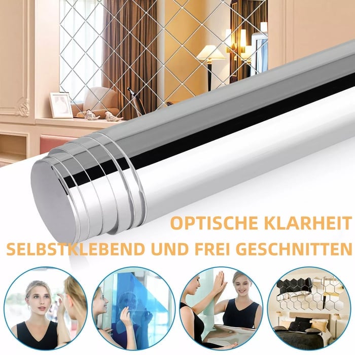Aufgerollte Spiegelfolie vor einem Wohnraum, darunter vier Kreise mit Anwendungsbeispielen im Spiegel 2