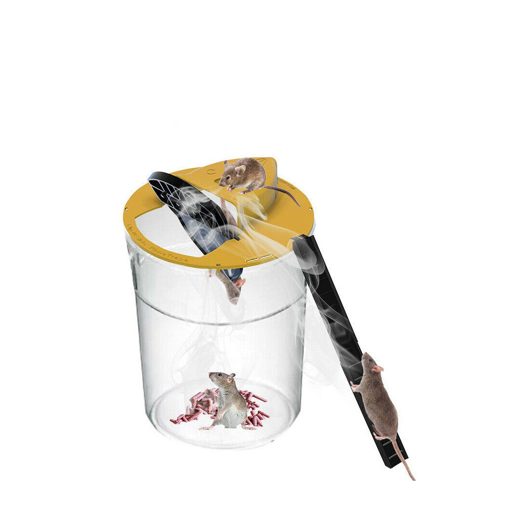 Mausefalle transparent, gelber Deckel, Mehrweg, mit Ratten, Nagetierbekämpfung, hygienisch