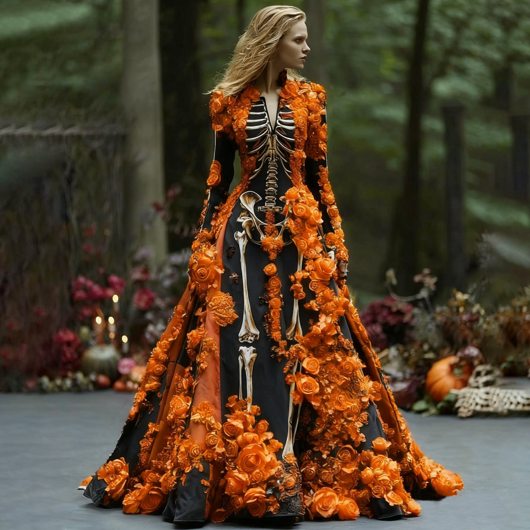 Frau mit blondem Haar trägt das schwarze Kleid mit Skelettdruck und orangefarbenen Rosenapplikationen im herbstlichen Waldsetting. 1