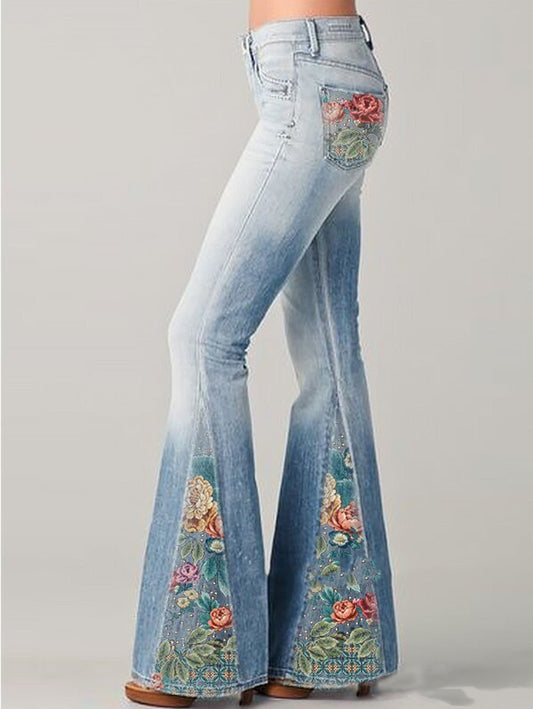 Damen-Schlagjeans mit Blumenstickerei, hellblau, Vintage-Stil, modische Damenbekleidung