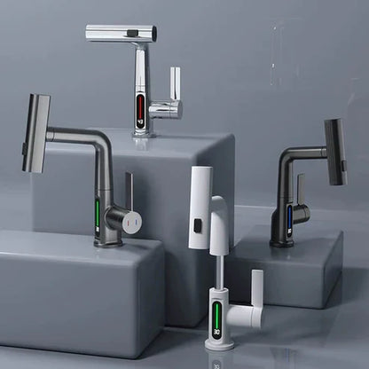 Moderne Wasserhähne in Chrom und Weiß, digitaler Temperaturanzeige, minimalistisches Design.