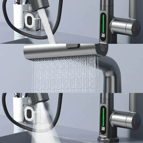 Grauer Wasserhahn mit digitaler Temperaturanzeige, drei Strahlarten, modernes Design.