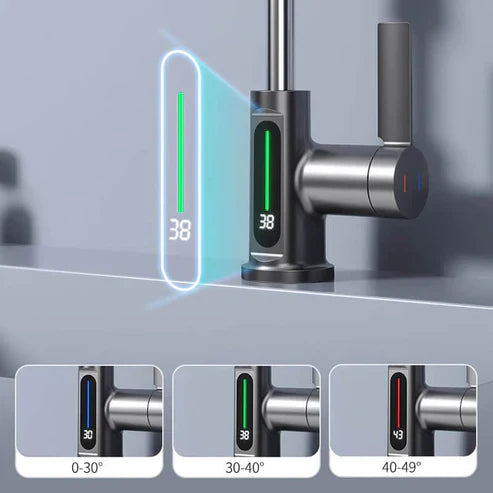 Moderne Wasserhahn mit LED-Temperaturanzeige, Edelstahl, einstellbar, energiesparend.