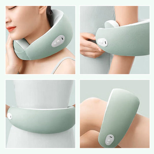 Frau mit grünem Nackenmassagegerät, ergonomisch, tragbar, für Entspannung und Schmerzlinderung.