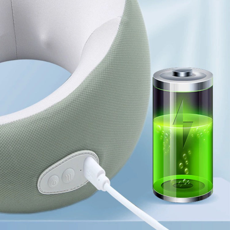 Graues Nackenkissen mit USB-Ladefunktion und grünem Batteriesymbol, ergonomisch, bequem.