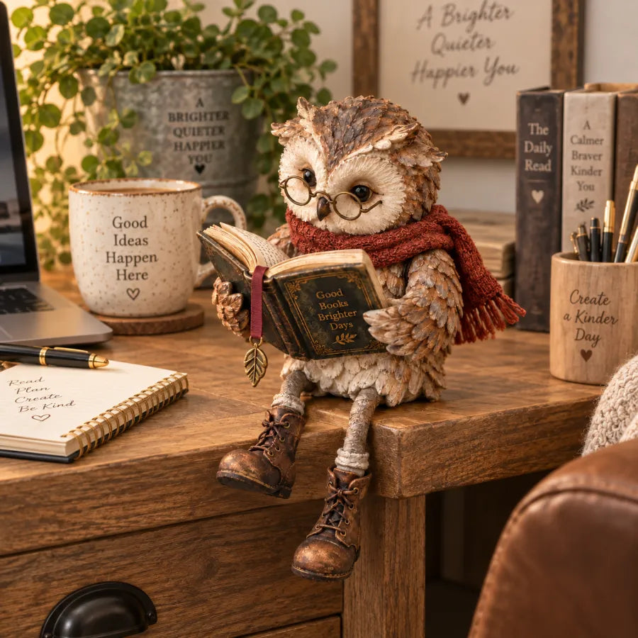 Sitzende Eulenfigur mit aufgeschlagenem Buch an der Kante eines Holzschreibtischs neben Notizbuch, Tasse und Stiftebecher 2