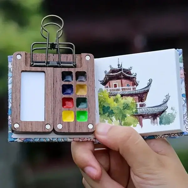 Mini-Aquarell-Set mit Holzpalette, 8 Farben, handgehalten, ideal für unterwegs, Malerei.