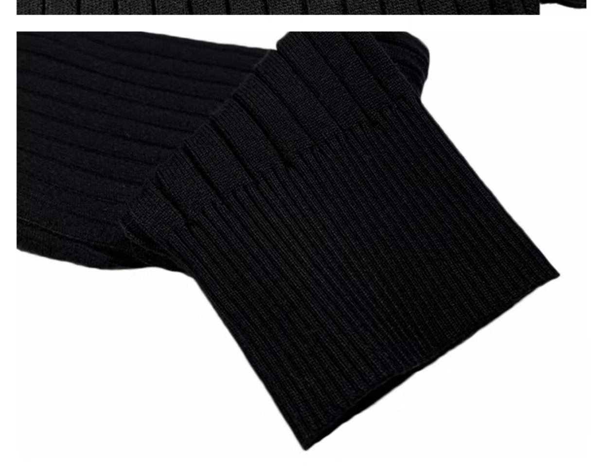 Schwarzer Strickpullover-Ärmel, geripptes Design, Baumwolle, modisch, warm, elegant.