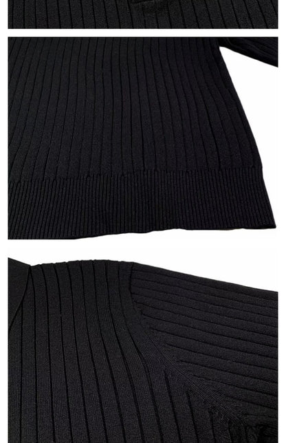 Schwarzer gerippter Pullover aus Baumwolle, Nahaufnahme, modisches Design, Herbstbekleidung.