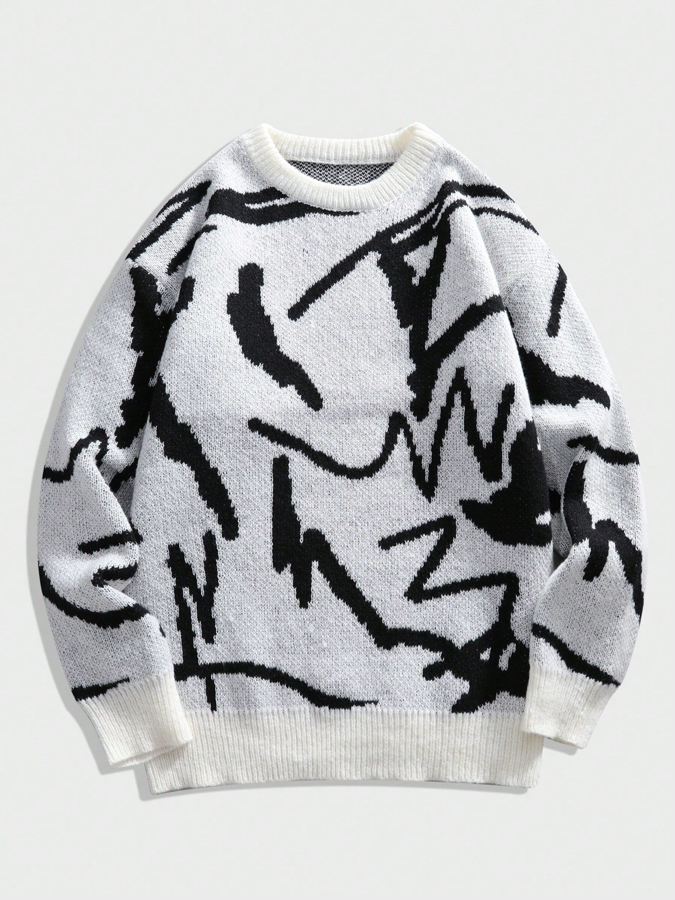 Schwarz-weißer Strickpullover mit abstraktem Muster, Unisex, Baumwolle, modisch, warm.