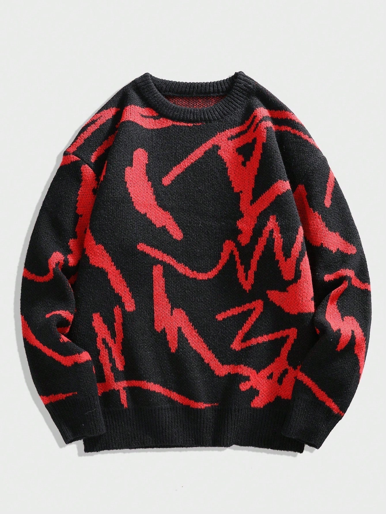 Schwarzer Pullover mit rotem abstraktem Muster, Unisex, Strick, modisch, warm, Winterkleidung.