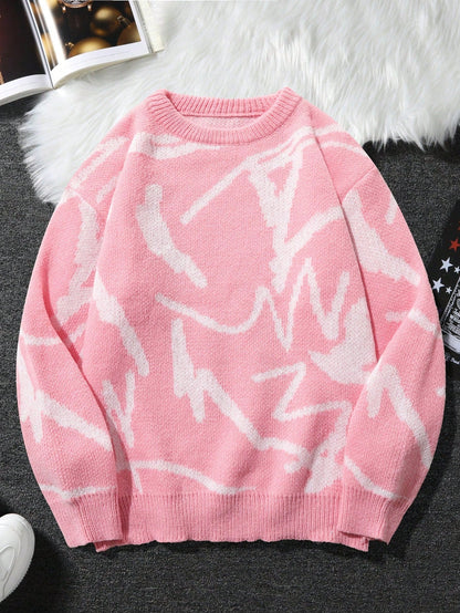 Rosa Strickpullover mit abstraktem Muster, Damenmode, weiches Material, Herbst-Winter-Trend.