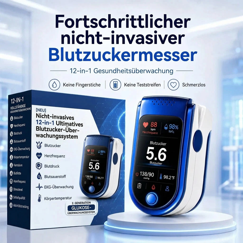 Produktpräsentation mit dem Messgerät auf einem Podest neben seinem blauen Verpackungskarton, darüber eine Überschrift und drei Merkmalsymbole. 10