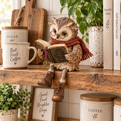 Nahaufnahme der Leseeule auf einem Holzregal in der Küche mit Vorratsdosen, Tasse, Zimmerpflanze und aufgereihten Büchern. 10