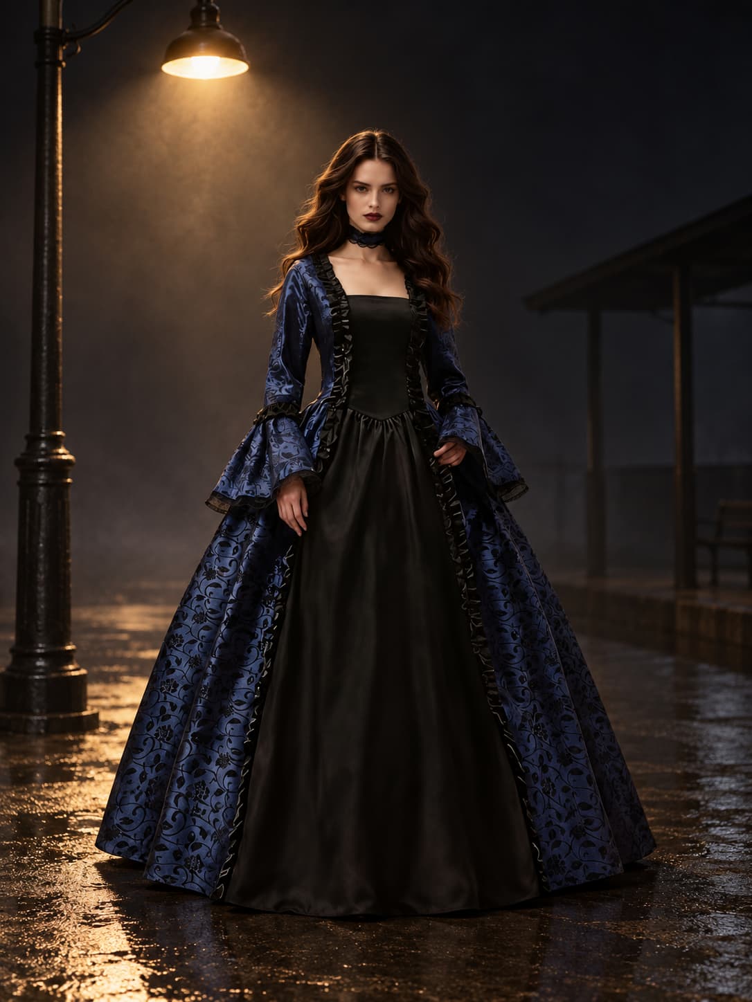 Model im blau-schwarzen Kleid mit ausgestellten Ärmeln und Rüschen steht nachts unter einer Straßenlaterne auf nassem Pflaster. 1