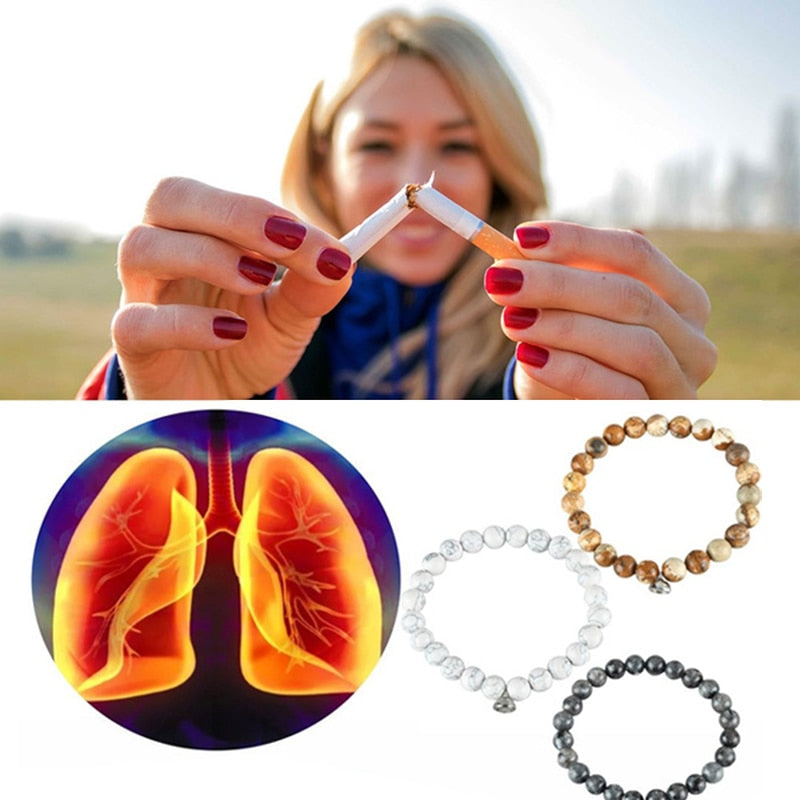 Frau bricht Zigarette, Lungenbild, Armbänder aus Stein, Rauchentwöhnung, Gesundheit.