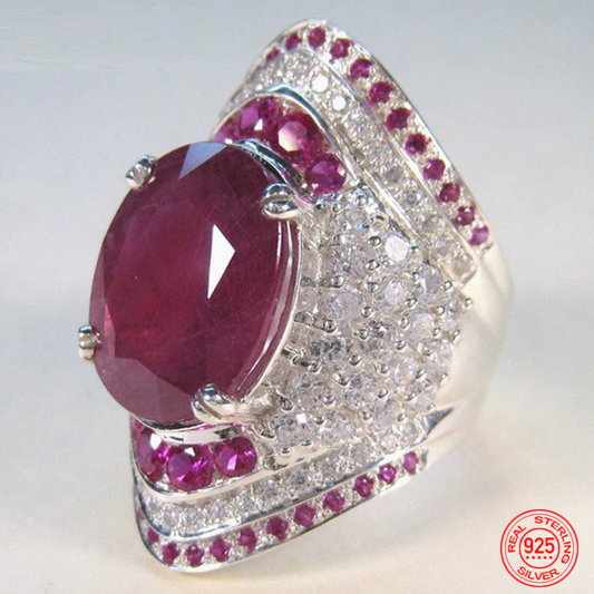 Silberring mit großem rotem Rubin, Zirkonia-Steinen, Sterling Silber 925, eleganter Schmuck.