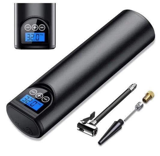 Schwarze elektrische Luftpumpe mit digitalem Display, Zubehör und Adapter für Fahrradreifen.