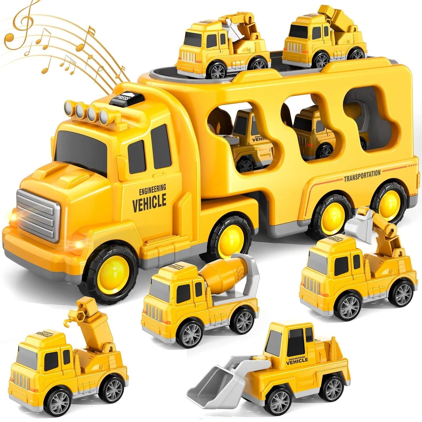 Gelber Spielzeug-LKW mit Baufahrzeugen, Musikfunktion, Kinderfahrzeug, Kunststoff.