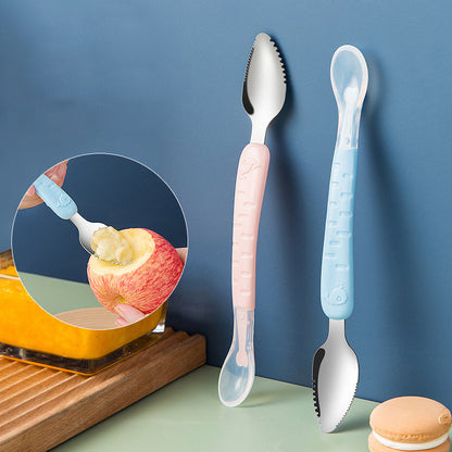 Rosa und blauer multifunktionaler Fruchtlöffel mit gezackter Kante, ideal für Obstschneiden.