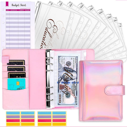 Rosa Budgetplaner-Set mit Hologramm-Design, Geldumschläge, Budgetblätter, Aufkleber.