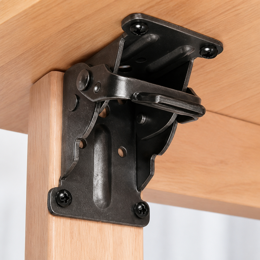 Nahaufnahme einer schwarzen Klapphalterung, mit vier Schrauben an Tischbein und Tischplatte aus hellem Holz befestigt. 2