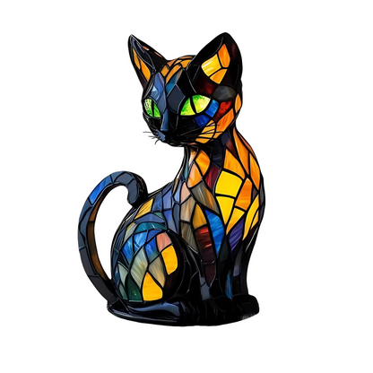 Sitzende Katzenlampe im Buntglas-Stil mit grünen Augen, freigestellt vor weißem Hintergrund 1