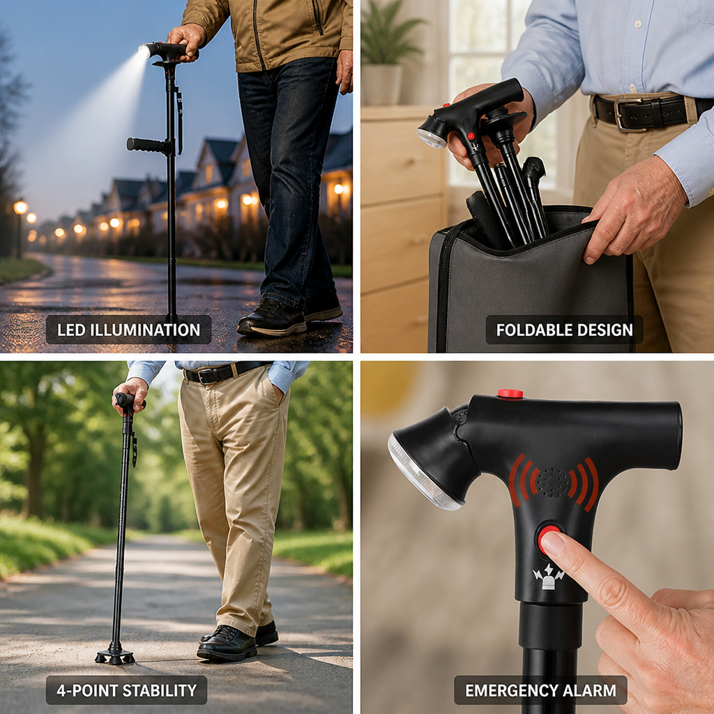 Lightweight Aluminum Folding Walking Cane with 4-Point Base, LED Light & Alarm 2