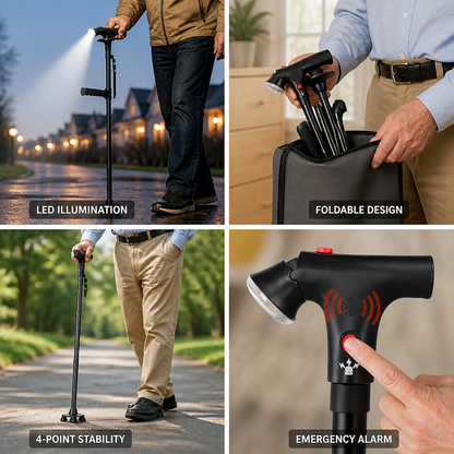 Lightweight Aluminum Folding Walking Cane with 4-Point Base, LED Light & Alarm 2