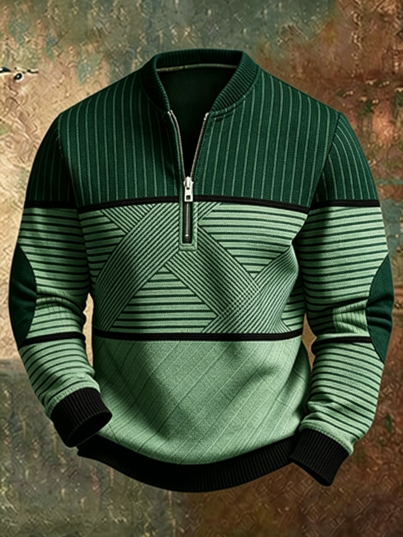 Pullover mit halbem Reißverschluss in Dunkel- und Hellgrün, mit Streifen, Grafikmuster, schwarzen Bündchen und Ellbogenpatches in der Frontansicht. 5