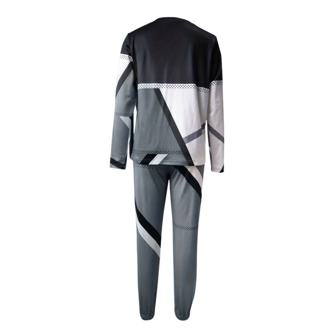 Graues geometrisches Herren-Trainingsanzug-Set, langärmelig, atmungsaktiv, Sportbekleidung.