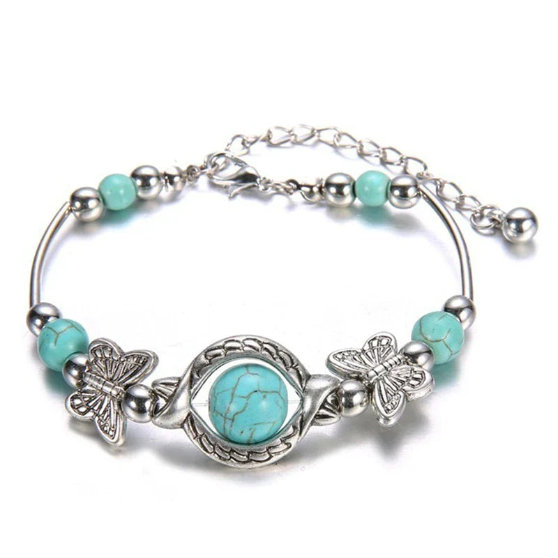 Silberarmband mit türkisfarbenen Perlen und Schmetterlingsanhängern, verstellbar, Damen-Schmuck.